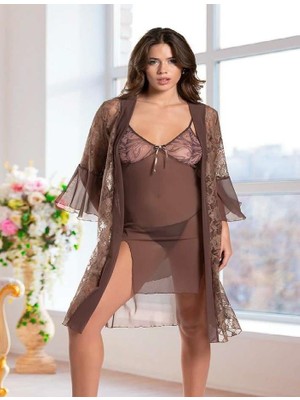 Venüs Shopping Haki Transparan Dantel Işlemeli Tül Yırtmaçlı 2'li Gecelik Takımı