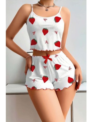 Venüs Shopping Penye Kumaş Çilek Desen Beyaz Şortlu Takım