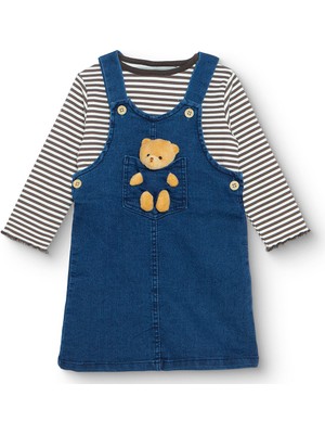 Hellobaby Kız Bebek Teddy Bear Elbise Tshirt Denim Bisiklet Yaka Uzun Kol