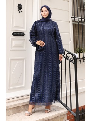 Yaprak Desenli Simli Kaplama Abiye Elbise 5612-03 Lacivert