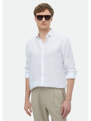 Ramsey Beyaz Düz Casual Fit Dokuma Casual %100 Keten Gömlek