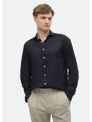 Ramsey Siyah Düz Casual Fit Dokuma Casual %100 Keten Gömlek