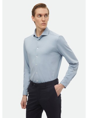 Ramsey Mavi Düz Regular Fit Casual Pamuk Karışımlı Gömlek