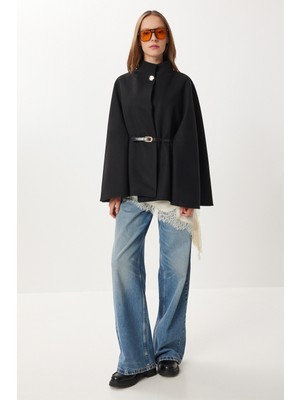 Happiness İstanbul Kemerli Düğmeli Kaşe Panço LNT0013 Siyah