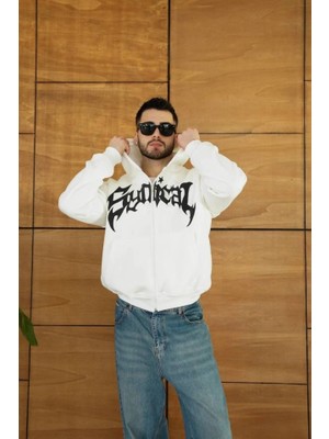Erkek Kapüşonlu Sweatshirt Hoodie 3 Iplik Şardonlu Pamuklu Kumaş, Önü Baskılı, Fermuarlı Rahat Kalıp, Kışlık ve Sokak Stili Sweat - Beyaz