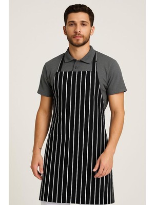 Netto İş Elbiseleri Italyan Siyah Beyaz Çizgili Cepli Askılı Önlük Gıda Önlüğü Mutfak Önlüğü