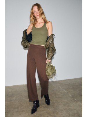 Grimelange FREDA Kadın Kalın İnterlok Tok ve Esnek Kumaşlı Flare Paça Önü Nervürlü Beli lastikli Koyu Kahvereng