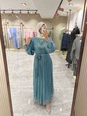 Sasilva Taş işlemli Bel Kuşaklı Uzun Abiye Elbise ELB16080