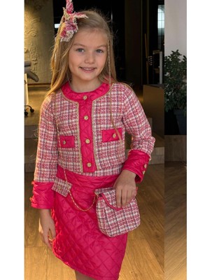 Riccotarz Kız Çocuk Kapitone ve Altın Şerit Detaylı Şanel Fuşya Etekli Takım