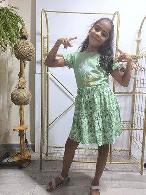 Şimo Butik Bayramlık Kız Çocuk Etekli Tişörtlü Takım Pamuklu Palmiyeli