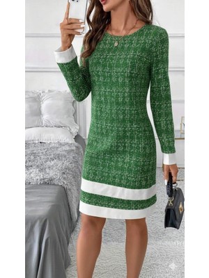 Mareandpanda Kadın Uzun Kollu Yuvarlak Yaka Etek Ucu Şerit Detaylı Mini Dokuma Elbise