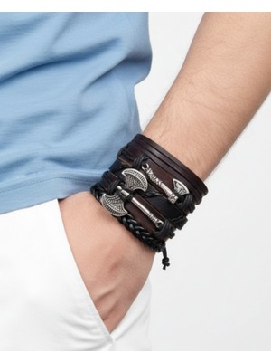 BSN Store Viking Thor İskandinav Çift Balta Charm El Yapımı 5 Adet Hakiki Deri Bileklik