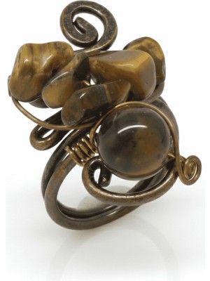 Tesbihane Bakır Bronz Alaşım Kadın Yüzük - Amorf Kaplan Gözü Doğaltaşlı - Otantik Tasarım - Ayarlanabilir Ölçü