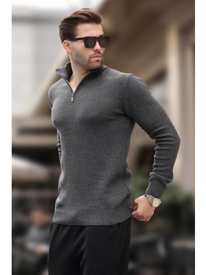 Madmext Antrasit Fermuar Yaka Uzun Kollu Örme Kazak 7286