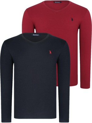 Ikili Set T8587 Dewberry V Yaka Erkek Sweatshırt-Siyah-Bordo