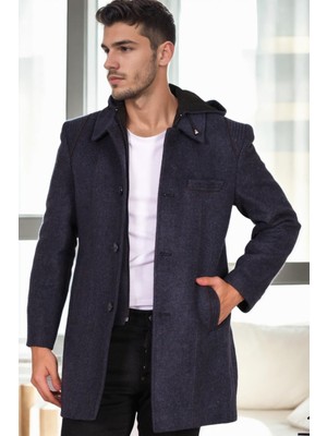 Dewberry Erkek Palto %70 Yün %30 Polyester Orta Kalınlık Uzun Kol Midi Siyah-Mavi