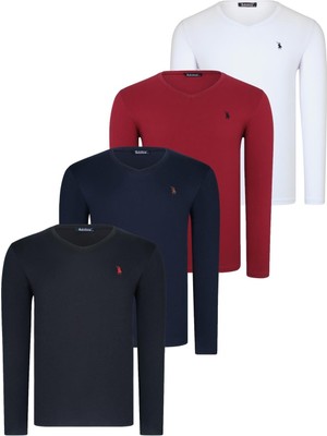 Dörtlü Set T8587 Dewberry V Yaka Erkek Sweatshırt-Siyah-Lacivert-Beyaz-Bordo