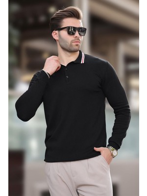 Madmext Siyah Polo Yaka Düğmeli Uzun Kollu Kazak 7269