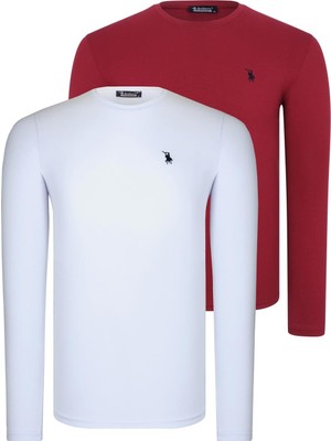 Ikili Set T8588 Dewberry Yuvarlak Yaka Erkek Sweatshırt-Beyaz-Bordo