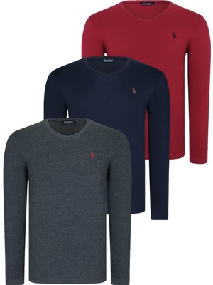 Üçlü Set T8587 Dewberry V Yaka Erkek Sweatshırt-Lacivert-Antrasit-Bordo