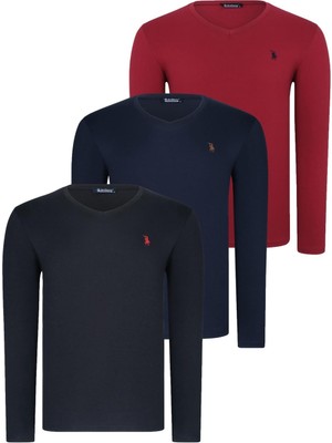 Üçlü Set T8587 Dewberry V Yaka Erkek Sweatshırt-Siyah-Lacivert-Bordo
