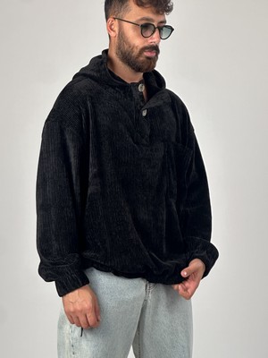 Cocopelli Kadife Dokulu Siyah Oversize Kapüşonlu Erkek Sweatshirt