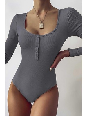 Madmext Antrasit Düğmeli Kadın Bodysuit MG1015