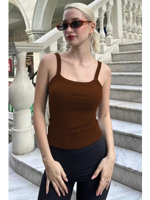 Madmext Acı Kahve Fitilli Görünümlü Askılı Basic Atlet MG2236