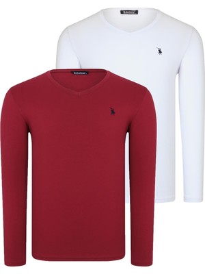 Ikili Set T8587 Dewberry V Yaka Erkek Sweatshırt-Beyaz-Bordo