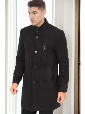 Dewberry PLT9386 Erkek Palto %70 Yün %30 Polyester Orta Kalınlık Midi Uzun Kol Siyah