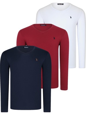 Üçlü Set T8587 Dewberry V Yaka Erkek Sweatshırt-Beyaz-Lacivert-Bordo