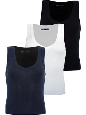 Madmext Siyah/beyaz/lacivert Derin V Yaka %100 Pamuklu Basic Kadın Atlet MG2405