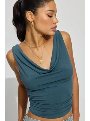 Madmext Petrol Mavisi Degaje Yaka Kadın Body MG2282