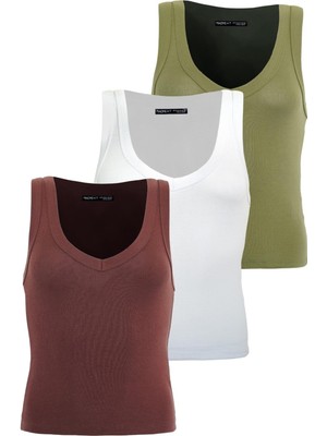 Madmext Beyaz/açık Yeşil/kahverengi Derin V Yaka %100 Pamuklu Basic Kadın Atlet MG2405