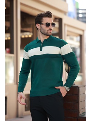 Madmext Yeşil Fermuarlı Polo Yaka Çizgili Uzun Kollu Kazak E7288