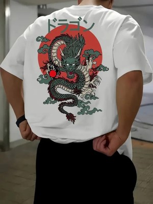 Velmora Fashion 20/1 Penye Compack Ön Arka Ejder Baskılı Oversize Bisiklet Yaka T-Shirt - Beyaz -Vlmr