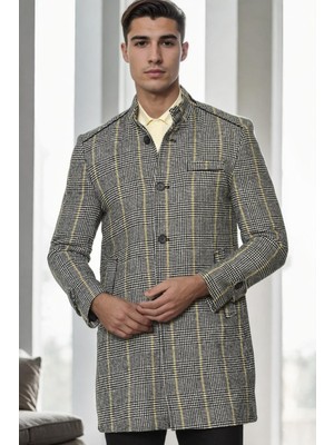 Dewberry PLT8391 Erkek Palto Ekose Desenli Gri %70 Yün %30 Polyester Orta Kalınlık 2XL