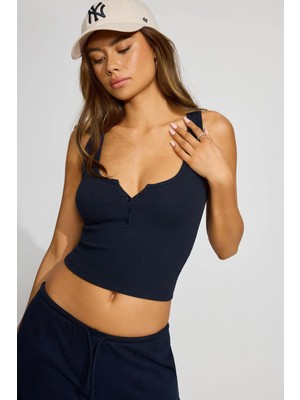 Madmext Lacivert Önü Düğmeli Fitilli Atlet MG2453