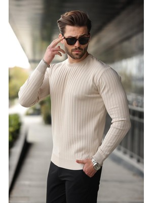 Madmext Taş Rengi Bisiklet Yaka Çizgili Uzun Kollu  Kazak E7273