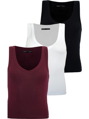 Madmext Siyah/beyaz/bordo Derin V Yaka %100 Pamuklu Basic Kadın Atlet MG2405