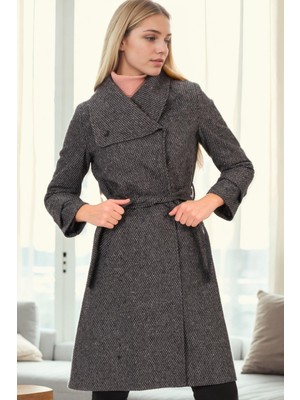 Dewberry Bayan Palto Balıksırtı Siyah Uzun Kol Dokuma Orta Kalınlık XL Kadın