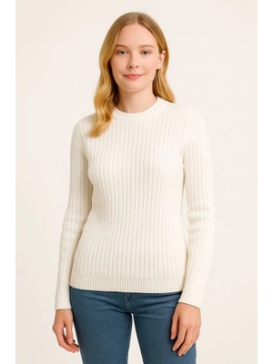 Aisha Elbise Bisiklet Yuvarlak Yaka Triko Kazak Pamuklu Kalın Fitilli Dokuma, Regular Fit Uzun Kollu Kışlık Model - Beyaz