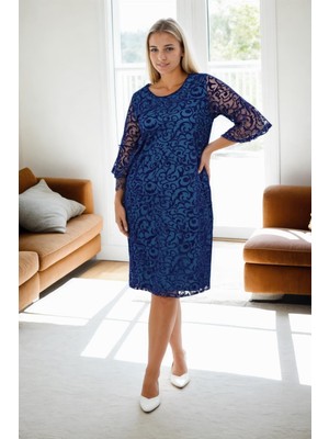 E2654 Dewberry Spanish Sleeve Plus Size Evening Dress-Indıgo