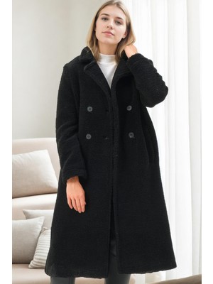 Dewberry Bayan Palto Uzun Kol Siyah Dokuma Polyester Orta Kalınlık Kadın Düz Desenli XL