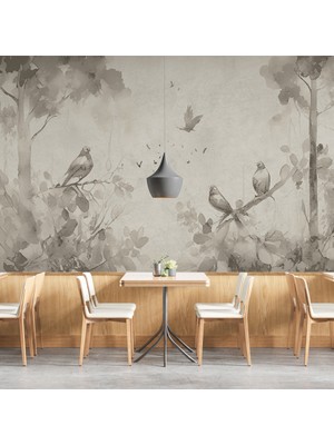 Dreamwall Kuşlar ve Ağaçlar Desenli Silinebilir Kumaş Duvar Kağıdı  - En x Boy - Cafe ve Ofis Dekor