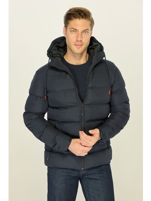 Erkek Lacivert Kalın Astarlı Rüzgar Geçirmez Spor Kışlık Şişme Mont