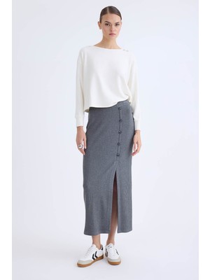 Önü Düğmeli Midi Boy Fitilli Etek