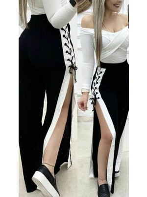 Giyimodam Kadın Yüksek Bel Yandan Çapraz Bağcıklı Yırtmaçlı Viskon Iki Iplik Pantolon