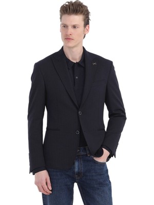 Ramsey Lacivert Çizgili Zeroweight Slim Fit Örme Ceket
