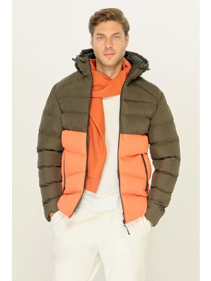Erkek Haki-Turuncu Su ve Rüzgar Geçirmez Kışlık Şişme Dolgulu Mont
